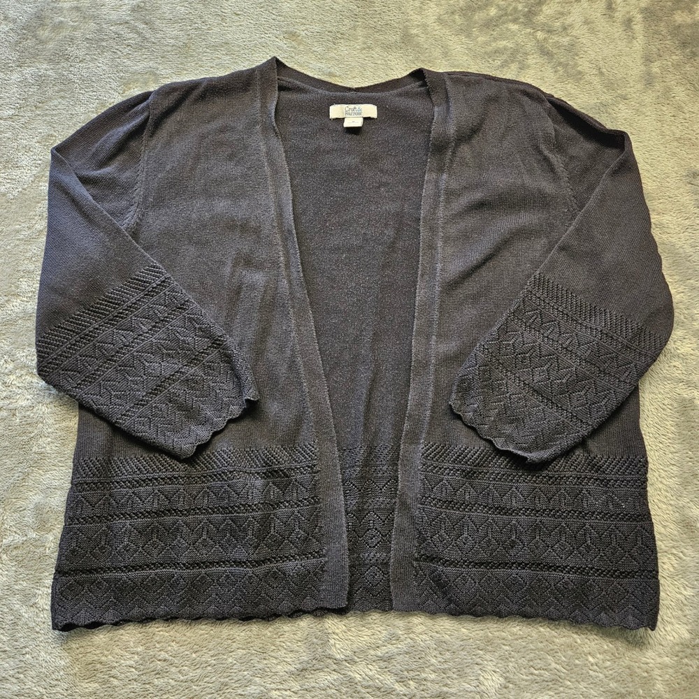 Croft & Barrow Black Open Front Cardigan Pointelle Scallop Trim Size M